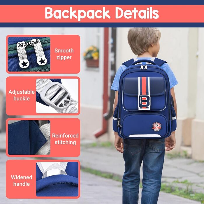 Шкільний рюкзак для хлопчика IvyH, 2-5 клас, 20 літрів. Ергономічний дитячий рюкзак для початкової школи, водонепроникний, 8-12 років, темно-синій/червоний