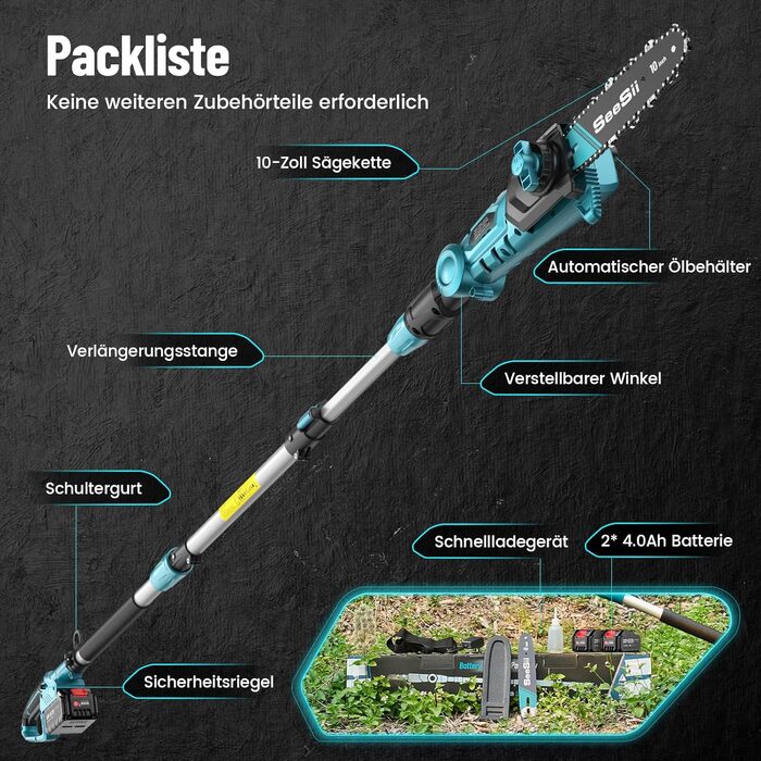 SEESII Безщіткова міні-пилка 6 дюймів, ручна акумуляторна пилка з 2 * 4000 mAh акумуляторами, одноручна пилка з автоматичним змащенням, сумісна з акумулятором Makita 18V, електрична пилка для дерева, гілок 6 дюймів Безщіткова (8&10 дюймовий високий за