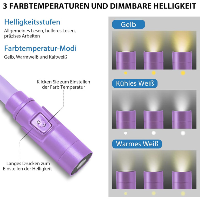 Ліхтар на шию LUXJET LED для читання, в'язання, ремонту: акумуляторний, 3 кольори, регульована яскравість (світло-ліловий)