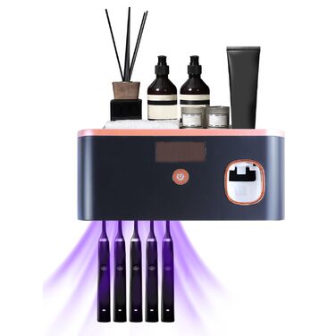 Автоматичний диспенсер зубної пасти з UV-дезінфекцією та тримачем для зубних щіток на 6 щіток, монтаж без свердління. Підходить для дітей та дорослих. Чорний колір