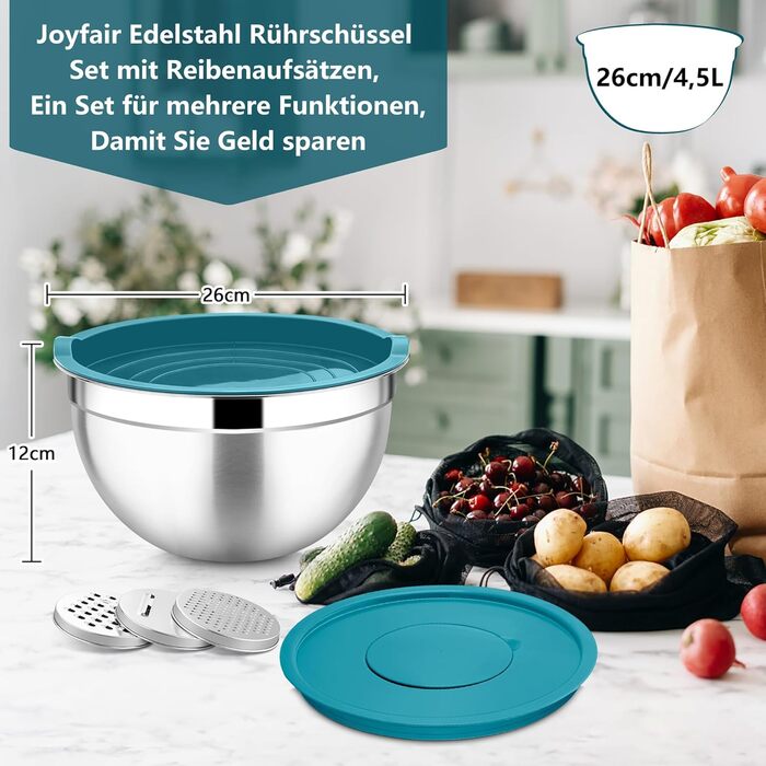 Миска Joyfair 4,5 л з нержавіючої сталі з кришкою, набором терок для приготування їжі, миска для салатів, посудомийна машина - блакитна