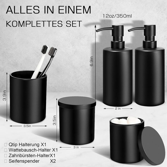 Набір для ванної кімнати GMISUN 5-ти частинний, чорний: 2 дозатори мила, 1 стаканчик для зубних щіток, 2 тримачі для ватних паличок, органайзер для ванної кімнати