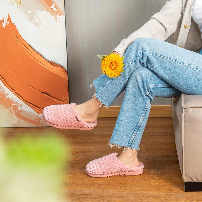 Жіночі домашні капці LongBay з ефектом пам'яті (Memory Foam) та плюшевим оздобленням, протиковзкі, рожеві, розмір 38/39 EU