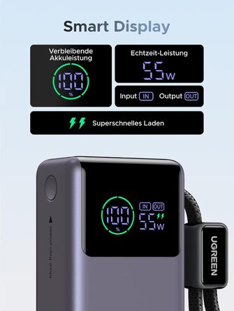 Power Bank UGREEN 10000mAh 55W з вбудованим кабелем, PD 45W, Mi Turbo Charge для Xiaomi, сумісний з iPhone 15/16/17 (Сірий)