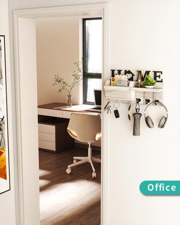 Дерев'яна ключниця HapiRm з декором HOME, 7 гачків, полиця для дрібниць, підходить для прихожої, спальні, офісу (біла)