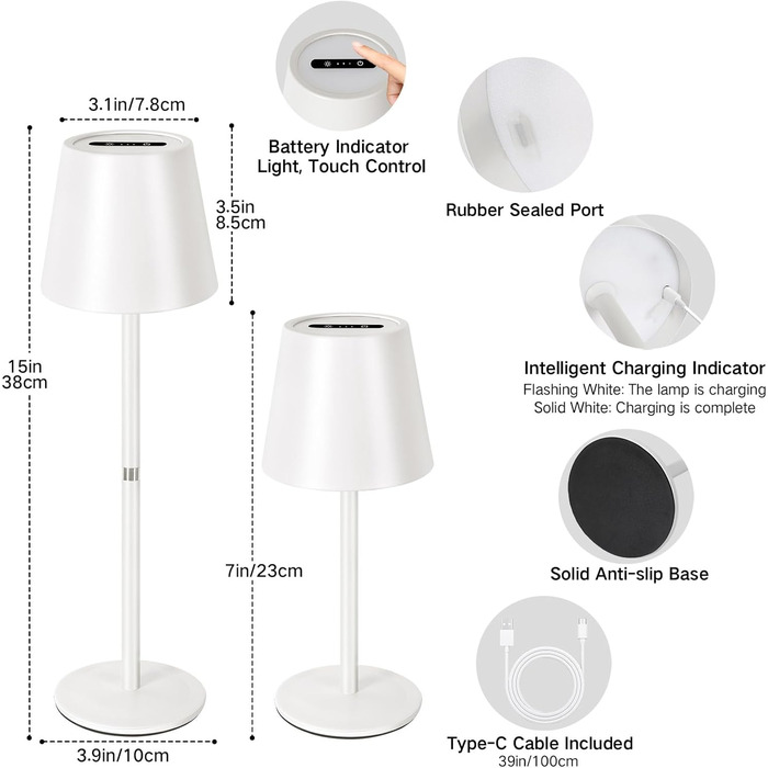 LED-лампа настільна бездротова OUTON (2 шт) з регулюванням яскравості, 3 режими кольору, USB-C зарядка, IP54 вологозахист, 30 годин роботи – для дому та на подарунок, чорний