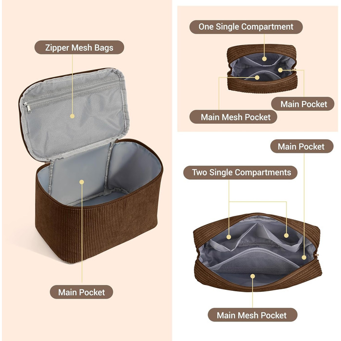 Косметичка MAGEFY: 2 шт. бежева + 3 шт. коричнева. Органайзер для макіяжу, дорожній, з відділеннями