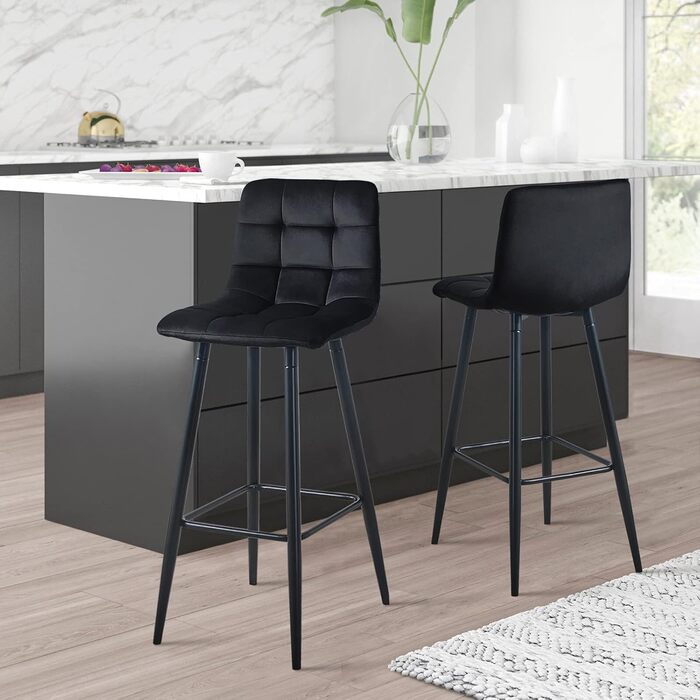 Velvet Bar Stools Set of 2 with Backrest - 66cm Seat Height - Black Kitchen Bar Stools for Countertops