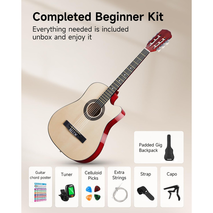 Акустична гітара Moukey для початківців, дітей, підлітків та дорослих (38 дюймів, натуральний колір), комплект з аксесуарами