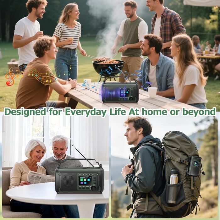 Радіостанція невідкладної допомоги 27000mAh з ручним заводом, сонячною панеллю, USB-зарядкою, Bluetooth 5.3, функцією Powerbank, SOS-сигналом, ліхтарем, лампою для читання, компасом, слотом для TF-карти та міцним Outdoor-дизайном, армійного кольору