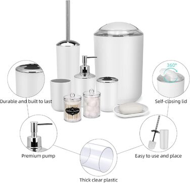 Набір аксесуарів для ванної кімнати IMAVO – 8 предметів сірого кольору (сміттєвий бак, дозатор мила, мильниця, тримач для зубних щіток, тримач для унітазного йоржика, диспенсер для ватних паличок з етикетками)