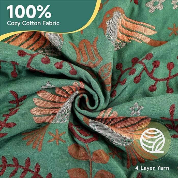 HOORDRY Boho Throw Blanket for Bed - 100% Cotton Ultra Soft Rustic Quilt - Bird Floral Printed Farmhouse Decor Bedspread, All Season Rustic Throw for Sofa Couch Chair Green Bird 230×250CM