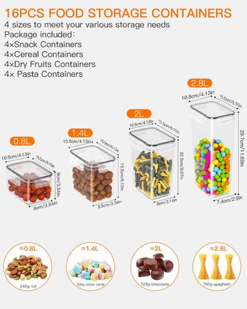 Набір контейнерів для зберігання продуктів Vorratsdosen 16 шт. з кришкою, набір для кухні, герметичні контейнери для спагеті, борошна, мюслі