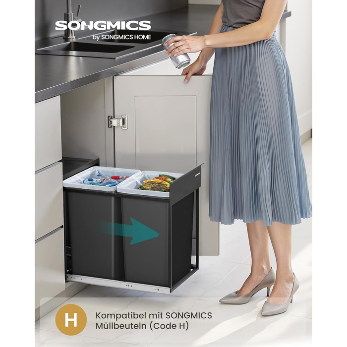 SONGMICS Відро для сміття кухонне, сортувальник сміття для під шафки, 2 відділення, висувний, сталевий каркас, ABS-кришка, LTB950B01 (чорний, 2 x 20 л)