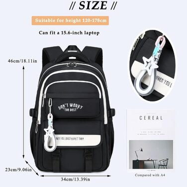 Шкільний рюкзак для підлітків дівчаток та хлопців, рюкзак у школу з багатьма кишенями, водонепроникний шкільний ранець великого розміру з відділенням для ноутбука 15,6' чорного кольору