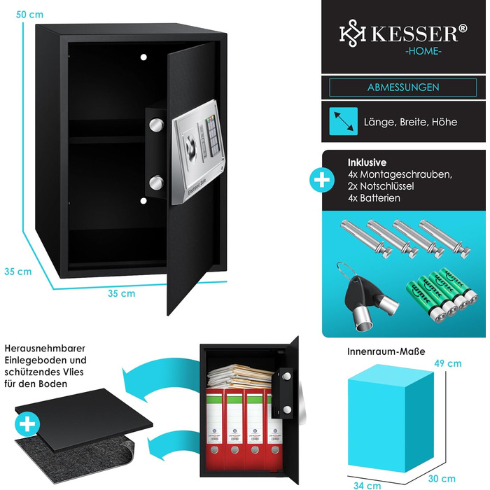 Електронний сейф KESSER® для дому та офісу 31x20x20 см, з подвійним замком, кріпленням, внутрішнім освітленням, сталевий (чорний, XL)