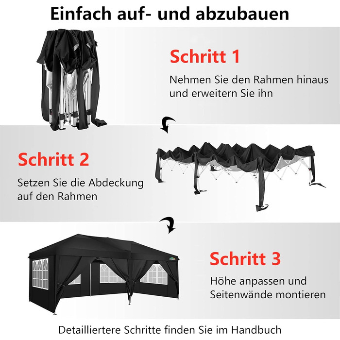 COBIZI Pavilion 3x3 Waterproof Folding Pavilion with 4 Side Panels, Outdoor Folding Pavilion, Stable UV Protection 50+, Pop-Up Garden Pavilion, Party Tent for Outdoors, Garden, Party, Wedding, Market (Black, 3x6m)