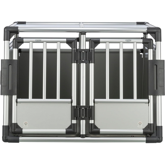 Трійзі Двомісна переносна клітка для собак з алюмінію – переноска для двох собак до 50 кг, 93 × 64 × 83 см, з висувною перегородкою, надійний замок, неслизький килимок – 39345 срібна L 93 x B 83 x H 64 см Двомісна переноска