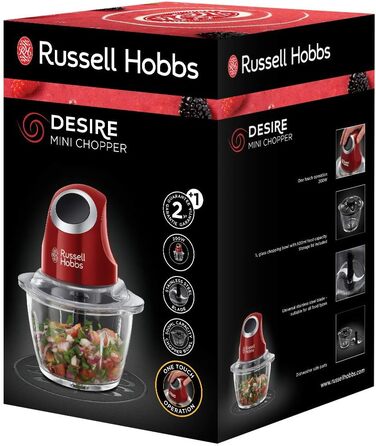 Russell Hobbs Mini Electric Chopper [Glass Bowl with Storage Lid] Desire Red (500ml, Vegetable Chopper, Mixer, Multi- & Universal Chopper for Vegetables, Fruit & Meat) 24660-56 Mini Chopper
