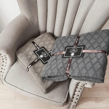 Бавовняна ковдра Longhui з в'язаним візерунком для дивану, крісел, ліжка, пляжу, декору інтер'єру, сірого кольору, 127 x 152 см. Подарунок - тканинна сумка.