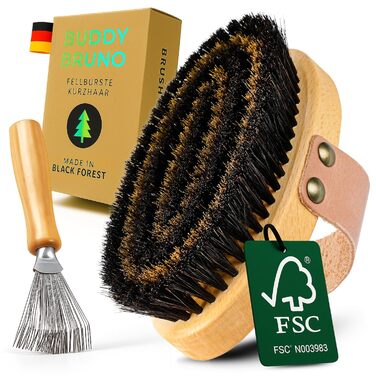 Щітка для собак Buddy Bruno® для короткошерстих порід, 100% натуральна щетина, для щоденного догляду за шерстю, преміум-щітка для собак та котів, з очищувачем, MADE IN DE