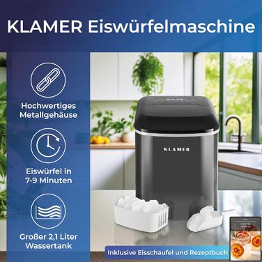 Машина для приготування льоду KLAMER - компактна модель з черпаком та 2 розмірами кубиків льоду. Виробляє 10 кубиків за 7 хвилин, до 15 кг льоду на день. Тиха, з таймером (чорний). Класика (2.1L)