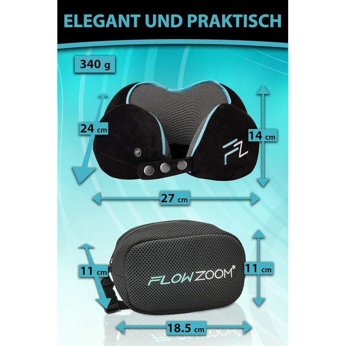 Подушка для шиї FLOWZOOM Comfy - для подорожей літаком та автомобілем. Регульована подушка з піною з пам'яті з підтримкою 360°, м'яка дихаюча обкладинка, транспортна сумка. Колір: сірий (Comfy - чорний)