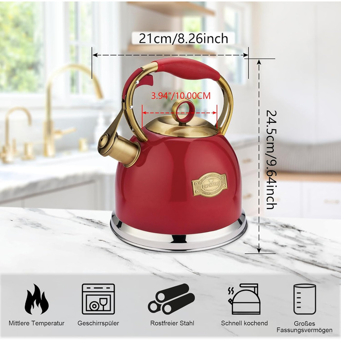 Чайник-свисток 3л з нержавіючої сталі, з термостійкою ручкою, для індукційних плит (червоний)