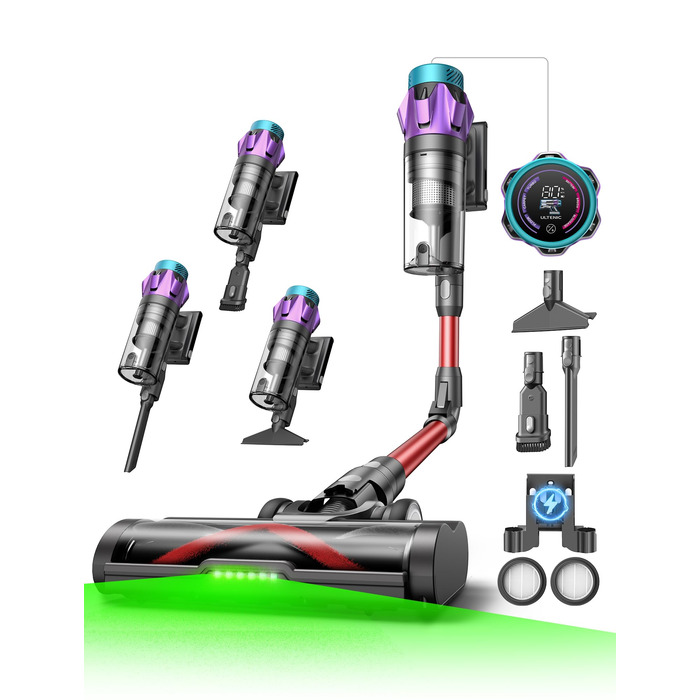 Бездротовий акумуляторний пилосос Ultenic 55000Pa/600W, 80хв, 1.6л, з Multi-Циклон фільтрацією, сенсорним екраном, антизаплутана щітка, док-станція, для шерсті тварин/килимів/твердих підлог, червоний