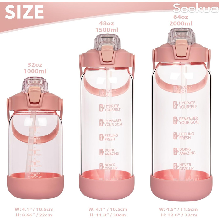 2l Glass Bottle | Drinking Bottle Glass with Straw & Time Marking, Leak-Proof 2 Liter Large Glass Water Bottle for Smoothies, Carbonated Drinks Suitable, Dishwasher Safe (Pink, 1000 ml)