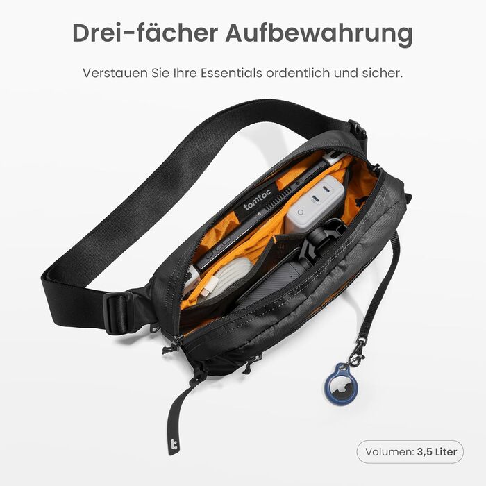 tomtoc Anti-Diebstahl Sling Bag 3,5L: Сумка на плече, через тіло, чорна, RFID-захист, для Switch, iPad mini, EDC, подорожі