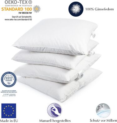 H&F Heimtextilien 4-Piece Set | Premium Quality | Pillowcases 80x80 cm | Filling: 1000 grams of Feathers, Goose Feathers | 100% Natural Pillow | Cover: 100% Cotton | Feather Pillow 80 x 80 cm | Oeko-TEX Certified 1000.0 grams 4