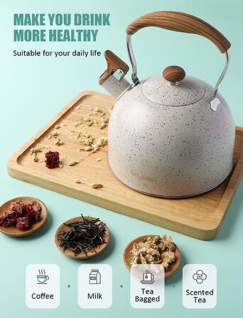 Чайник BELANKO 2,5 л з свистком, нержавіюча сталь, з дерев'ястим декором, складаний ручка, для чаю, кави, молока – блакитний (Starry White)