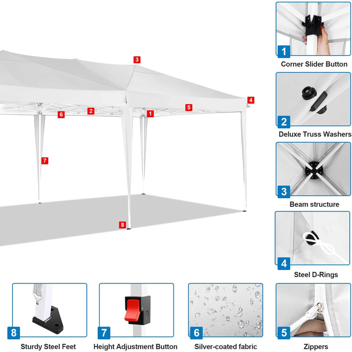 COBIZI Pop-up Pavilion 3x3, Folding Pavilion 3x3 Waterproof, Stable, Winterproof |8X Pegs|4X Wind Rope|UV Protection 50+|High Density Tarpaulin| Pavilion Foldable 3x3m Party Tent Foldable Pavilion 3x3 Garden Pavilion (White, 3x6m with 6 Side Walls)