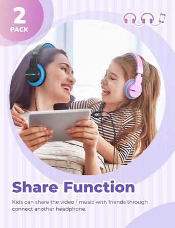 iClever Бездротові навушники для дітей 2 шт. з LED-підсвічуванням, Over-Ear, обмеження гучності 74/85 дБ, 85 годин роботи, Bluetooth 5.2, мікрофон, чорний/рожевий