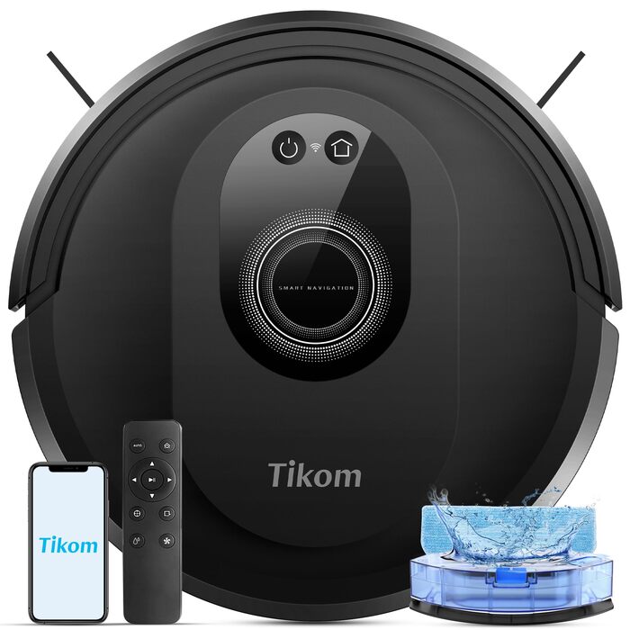 Робот-пилосос 2-в-1 з функцією миття Tikom G8000 Max, 5000Pa, самостійна зарядка, Wi-Fi, 150 хв, для тварин, килимів, твердих підлог, чорний