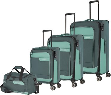 Travelite 4-Wheel Luggage Size L, Softshell made of recycled material, Luggage Series VIIA: Trolley with expandable gusset + edge protection, 77 cm, 91-103 liters (Luggage Set (L/M/S) + Travel Bag, Eucalyptus (Green))