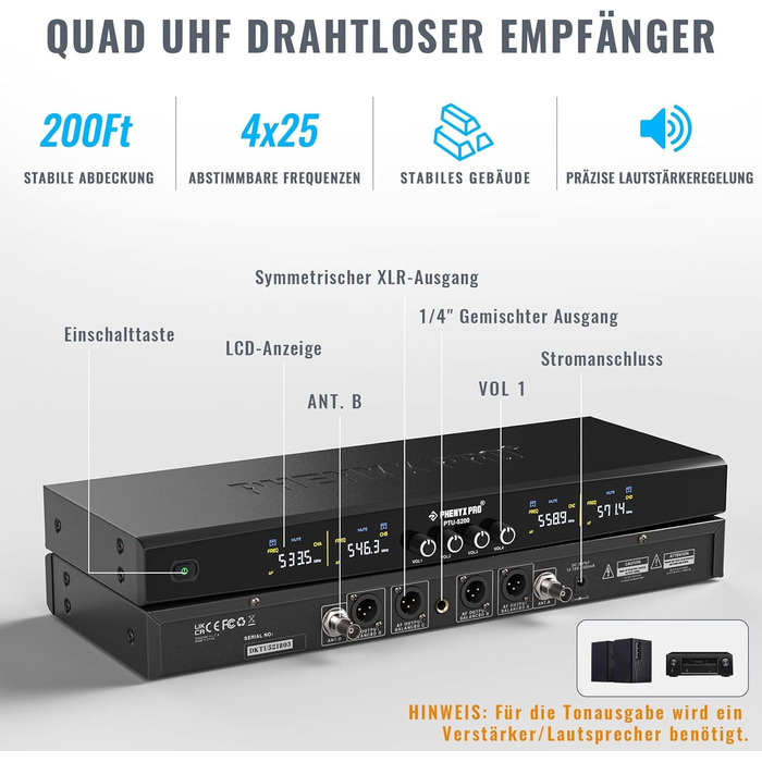 Набір бездротових мікрофонів Phenyx Pro PTU-5200: 4 динамічні мікрофони, UHF, 200ft, для співу, караоке, церкви, DJ