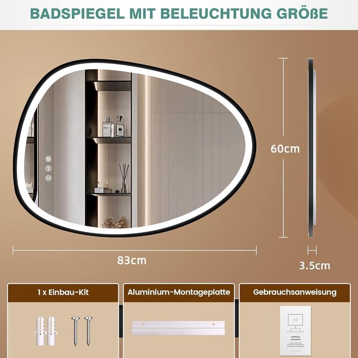 Дзеркало з підсвічуванням LED, асиметричне, 75x55 см, з сенсорним вимикачем, проти запотівання, 3 кольори світла, регулювання яскравості, функція пам'яті, чорний (горизонтальне/вертикальне)