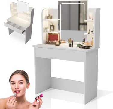 Туалетний столик Juskys Zoey з LED-підсвіткою, дзеркалом, шухлядою, 3 відділеннями та шафкою, 90x38x137 см, білий, дерев'яний косметичний стіл з LED-дзеркалом