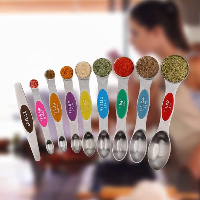 FBHappiness 9-Piece Measuring Spoon Set, Magnetic Double-Sided Teaspoon and Tablespoon Stainless Steel, Stackable, Suitable for Various Spice Jars and Measuring Cups.