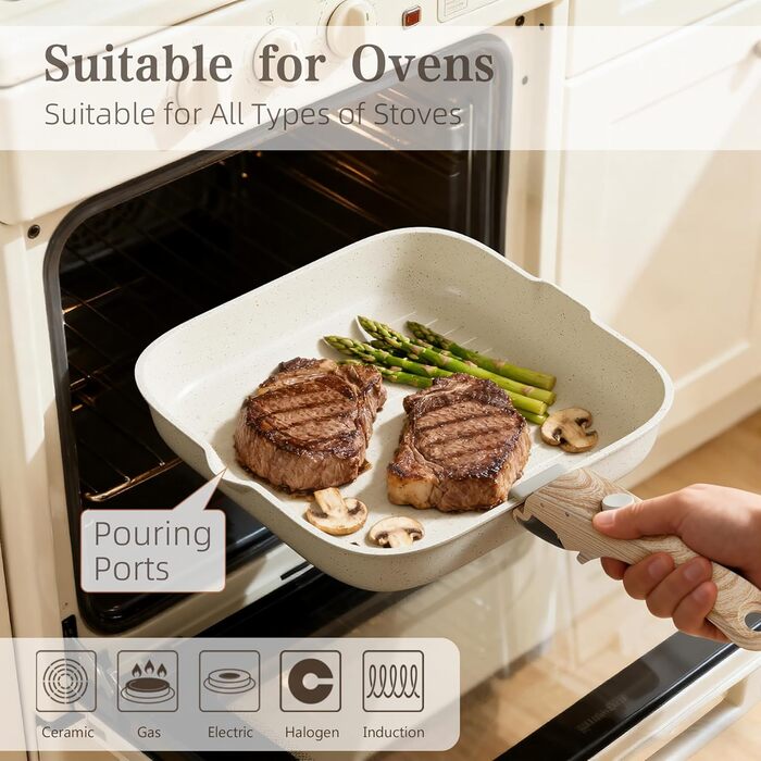 Набір каструль та сковорідок RIOVARM з знімними ручками: антипригарне покриття, кришки, сковорода для омлетів, гриль-сковорода, для всіх плит, стакельні каструлі