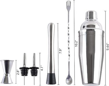 Набір для коктейлів 10 предметів, 750 мл, нержавіюча сталь - професійний шейкер для бармена, аксесуари для приготування коктейлів вдома та в барі