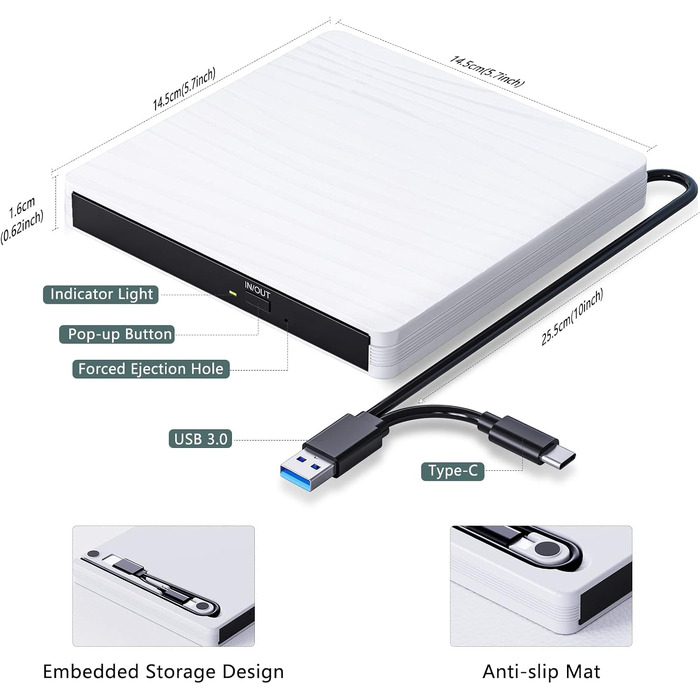 Зовнішній DVD-привід USB 3.0 та Type-C, портативний CD/DVD+/-RW записувач для ноутбука, ПК, MacBook, Windows, MacOS, Linux (Білий)