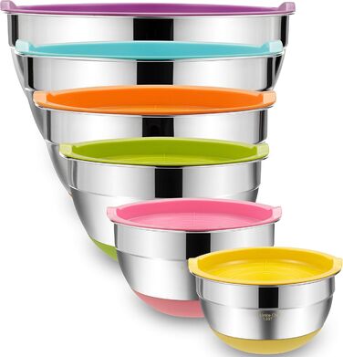 Umite Boss Mixing Bowls with Airtight Lids, 6-Piece Stainless Steel Metal Bowls by Chef, Measuring Markings and Colorful Non-Slip Bottoms, Sizes 7, 3.5, 2.5, 2.0, 1.5, 1 QT, ideal for mixing