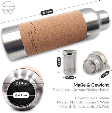 Stainless Steel Water Bottle 750ml - Sustainable, insulated Thermo Water Bottle made of Stainless Steel, leak-proof - Iso Bottle without harmful substances, BPA-free - Thermos Drinking Bottle (Floral Print) (Flowers (Print) + Tea Strainer)