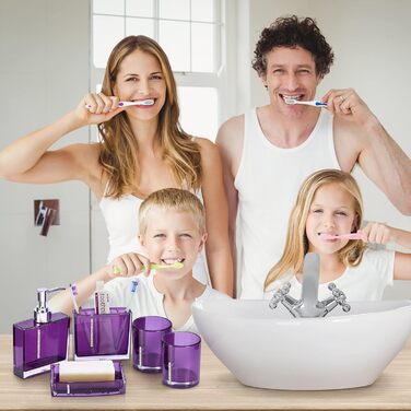 5-Piece Bathroom Accessory Set includes emulsion bottle, toothbrush holder, 2 rinsing cups, soap dish, plastic gift bath set, white (purple)