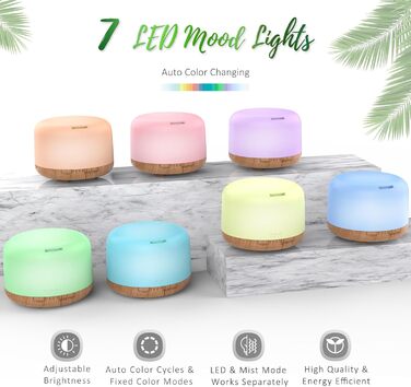 Дифузор аромату ASAKUKI 500 мл, ультразвуковий аромадифузор для ефірних олій, зволожувач повітря з пультом дистанційного керування, автоматичне вимкнення без води, 7 кольорів LED-підсвічування (з олією)