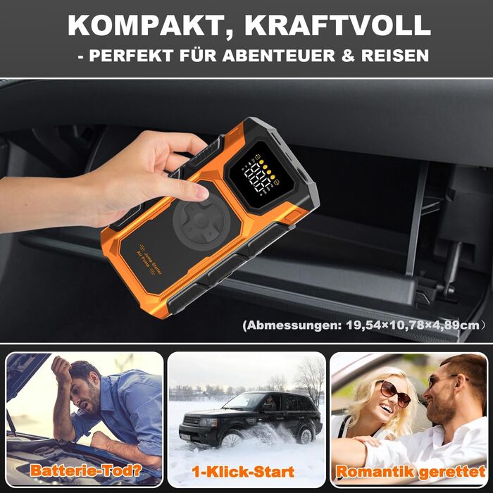 Powerbank для автомобіля Starthilfe 6000A з компресором 150PSI, 12V, для бензинових та дизельних авто (до 10л), QC3.0, LCD, ліхтарик