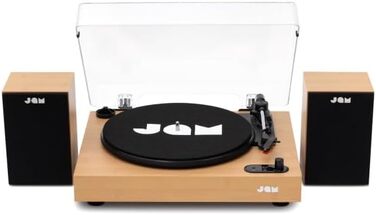 Програвач вінілу JAM з колонками Bluetooth – дерев'яний програвач пластинок з вбудованими колонками, 3 швидкості, пилозахисний ковпак, попередньо налаштований тонарм, засіб для чищення вінілу в комплекті, чорний